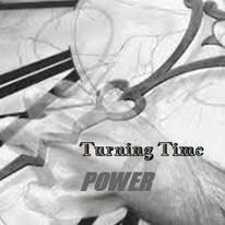 Artwork reading Turning Time, POWER, over a clock face